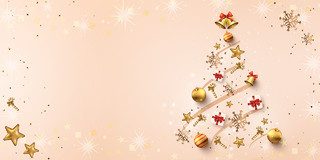 米色简约小清新礼物星星立体圣诞树展板背景